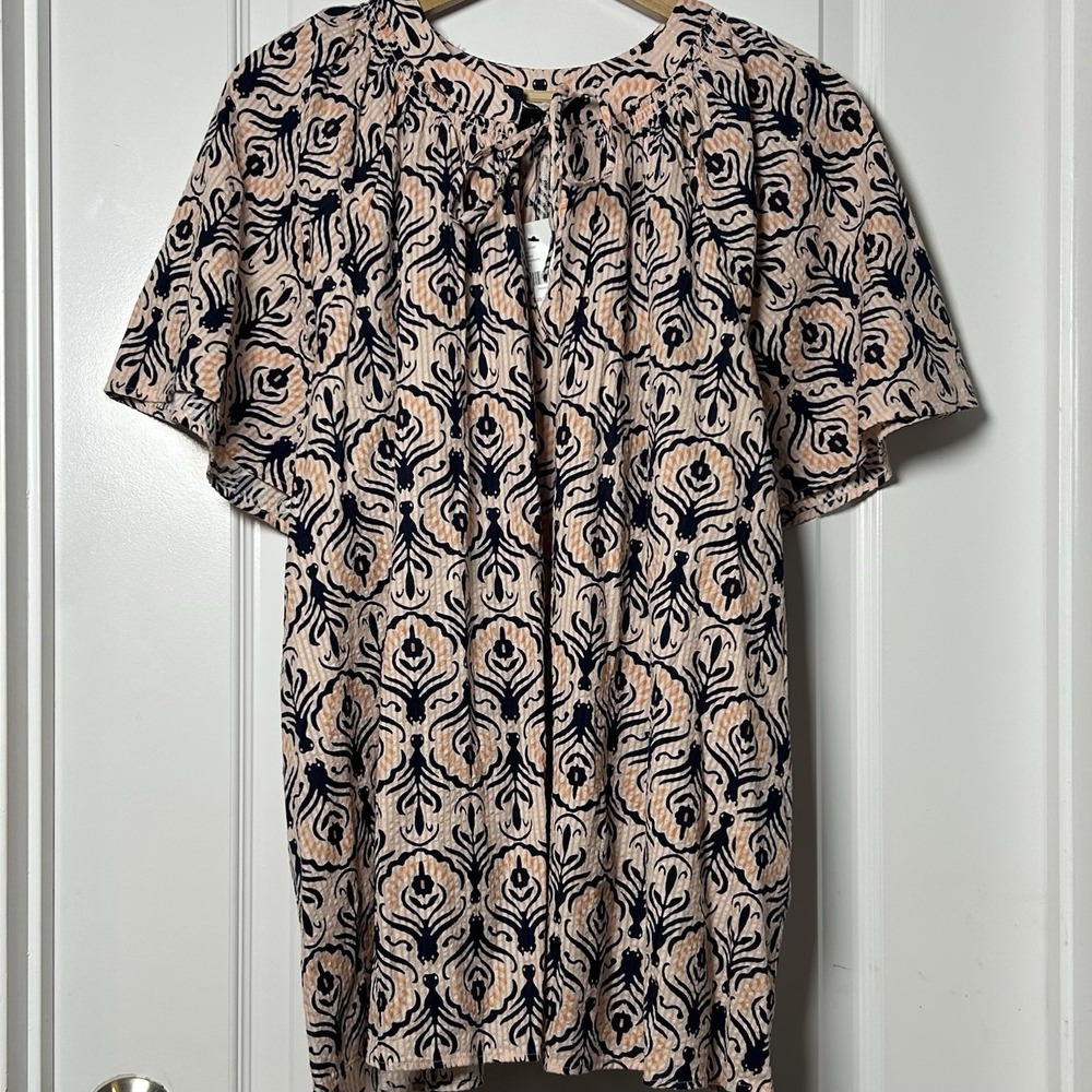 Lane Bryant Blush Pink Baroque Medallion Print Crinkle Smocked Tie Neck Blouse